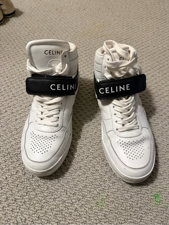Celine Shoes - Celine White Leather High-Top Sneakers with Black Logo Strap